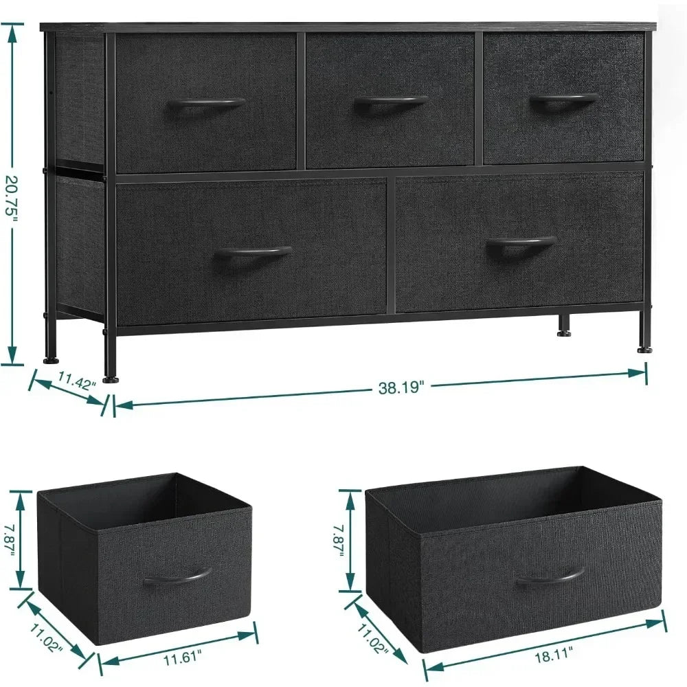 Commode 5 tiroirs en tissu pour chambre à coucher, commode longue avec plateau en bois pour chambre à coucher, placard, entrée, noir