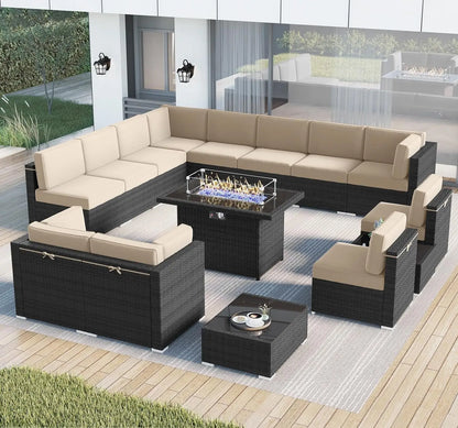 Juego de muebles de patio de 8 piezas con mesa para fogata a gas propano de 44", juego de sofá de mimbre y ratán y mesa de centro Rattan Möbel