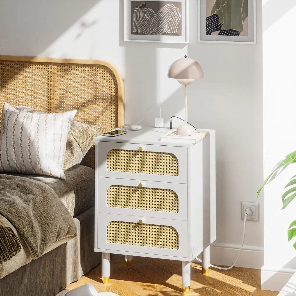 Bedside Table,  Rattan Nightstand with Charging Station, White Nightstand with 3 Drawers for Bedroom, Boho Mid Century Modern