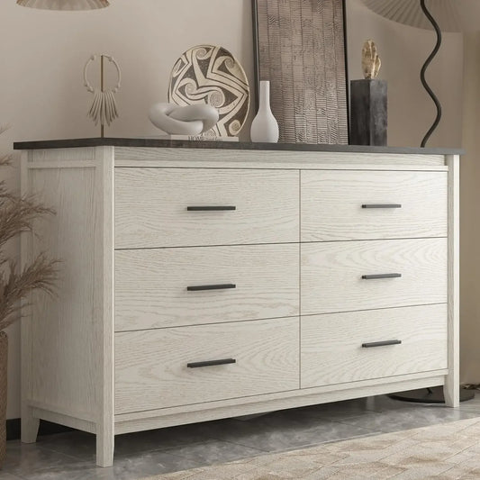 Commode double en bois à 6 tiroirs, large commode avec poignées en métal, meuble TV et meuble de rangement pour chambre à coucher, salon, noir/blanc