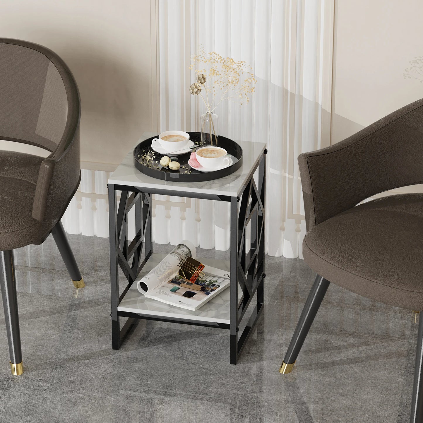 Table d'appoint avec plateau en marbre blanc, table de chevet, table de chevet, cadre enduit noir