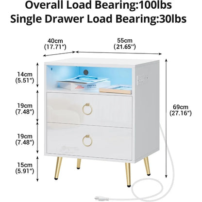 Ensemble de 2 tables de chevet à LED avec station de charge, étagère ouverte, 2 tiroirs, port USB, lumière 16 couleurs, table de chevet LED intelligente haute brillance