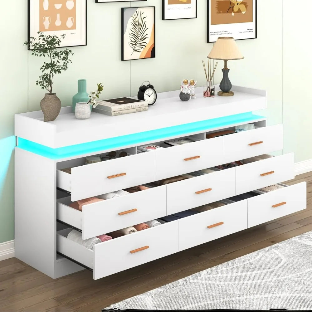 Commode à 9 tiroirs avec lumière LED, commode moderne pour placard, armoire de rangement à tiroirs large pour chambre à coucher, blanc