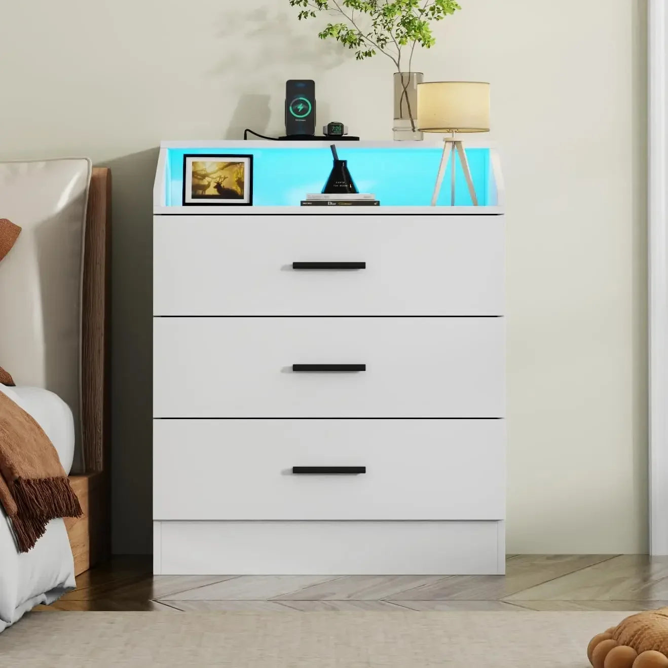 Dresser with Power Outlet, Chest of Drawers with LED Light, White Dresser Organizer with Open Storage Cubby, Modern Nightshatnd