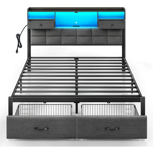 Bed Frame Full Size with Drawers and Charging Station, Upholstered Platform Bed with Storage Headboard and LED Light