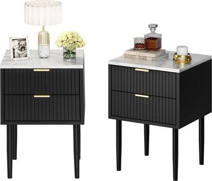 Black Matching Dresser and Nightstand Sets 3 Piece,Modern Grooved Stripes,Marble Texture Top,Gold Handles