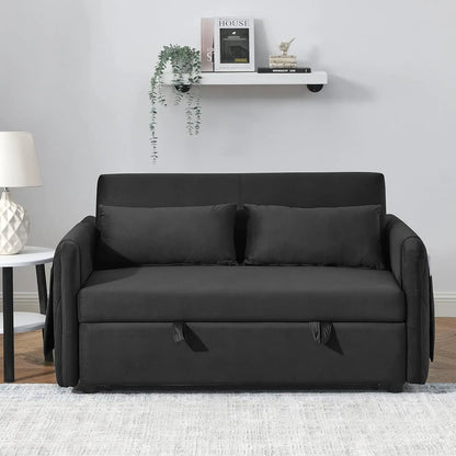 Loveseat de 55" con cama extraíble, sofá cama convertible 3 en 1 de terciopelo con respaldo ajustable y 2 almohadas, bolsillo para 2 brazos