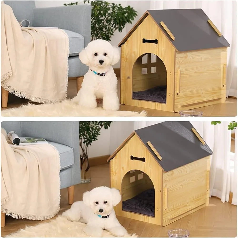 Casa de madera para mascotas con techo para perros, para uso en interiores y exteriores, fácil de montar, jaula transpirable para perros pequeños, medianos y gatos