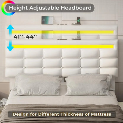 Cadre de lit pleine grandeur avec 2 stations de charge USB, tête de lit réglable en similicuir et lits de rangement