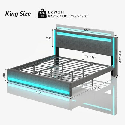 Cadre de lit Queen à LED, tête de lit réglable, éclairage avec station de charge Type-C et USB, cadre de lit en métal rembourré, cadre de lit