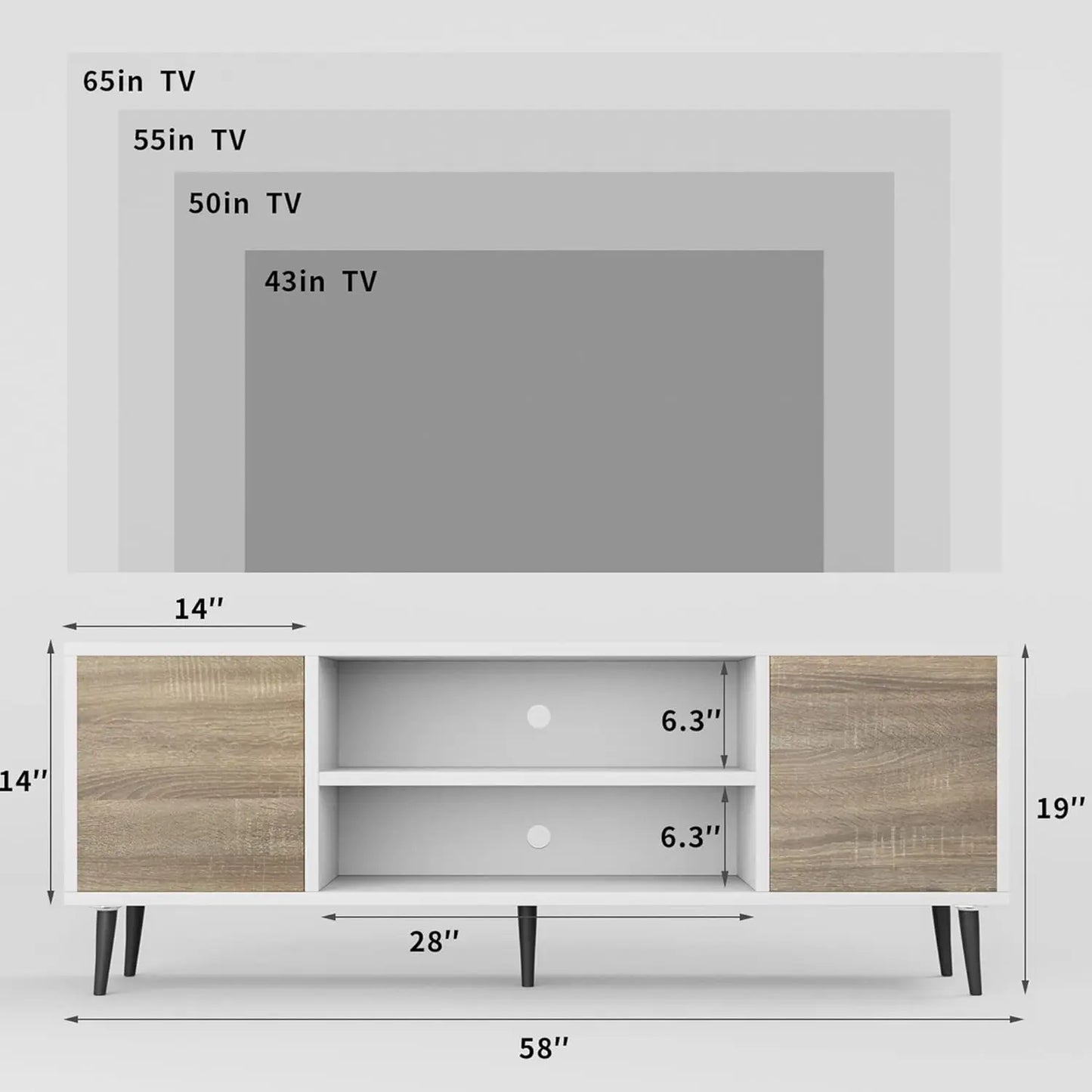 TV Stand for 65 In TV, Modern Entertainment Center w/ Storage Cabinet and Open Shelves,Console Table Media Cabinet,White & Oak