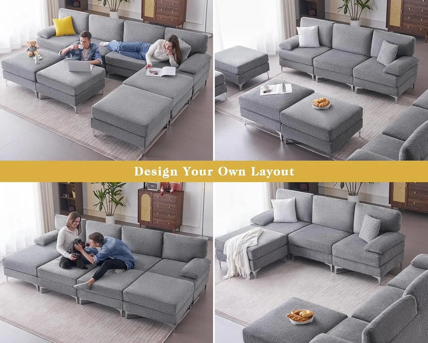 Modular Sectional Couches with Ottomans- 6 Seater, U Shaped Sofa for Living Room, Oversized Couch in Beige Chenille