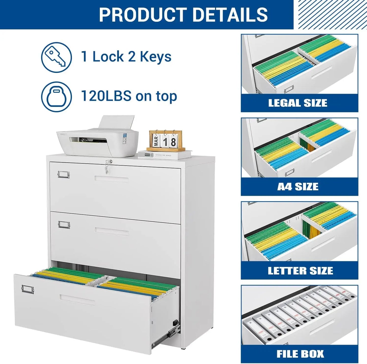 Archivador lateral con cerradura, archivador grande de metal de 3 cajones, gabinete de almacenamiento con cerradura para oficina en casa para archivos colgantes Lette