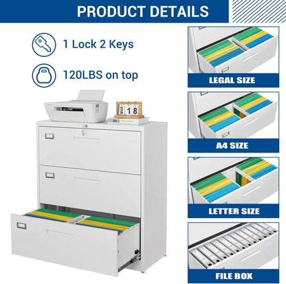 Archivador lateral con cerradura, archivador grande de metal de 3 cajones, gabinete de almacenamiento con cerradura para oficina en casa para archivos colgantes Lette