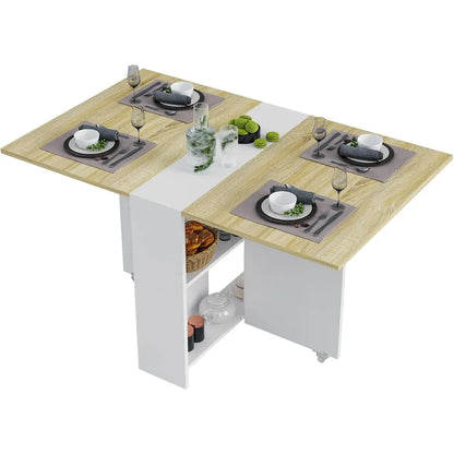 Mesa de comedor plegable, mesa de comedor versátil con 6 ruedas y 2 estantes de almacenamiento, mesa que ahorra espacio, mesa de cocina plegable