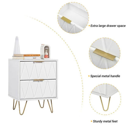 2pcs Nightstand Modern Bedside Table with 2 Drawers & Gold Metal Legs, Simple and Elegant Bedside Table,Night Stand Metalg Room