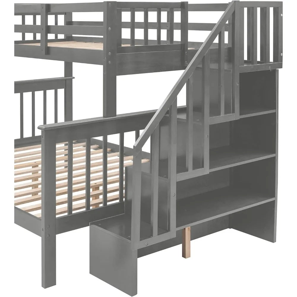 Twin Over Full Bunk Bed with Stairs,Solid Wood Stairway Bunk Bed Frame with Storage Drawers for Kids Teens Adults,Bedroom,Dorm