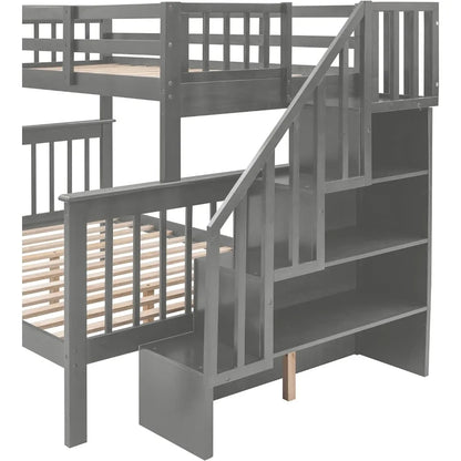 Litera doble sobre cama matrimonial con escaleras, estructura de litera de madera maciza con cajones de almacenamiento para niños, adolescentes, adultos, dormitorio, residencia universitaria