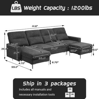 Convertible Sectional Sofa Couch, 4 Seat Sofa Set for Living Room U-Shaped Modern Fabric Modular Sofa Sleeper with Double Chaise