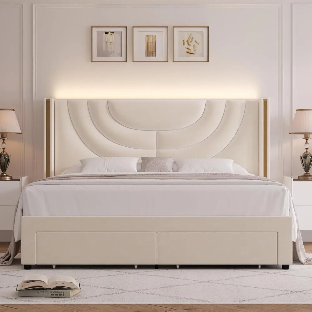 Marco de cama Queen con LED y 2 cajones de almacenamiento de madera maciza, soporte de listones de madera maciza, no necesita somier, marco de cama Queen