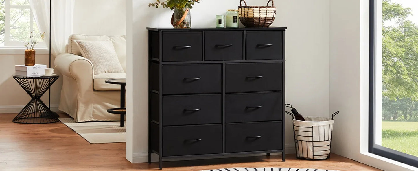 Dresser for Bedroom with 9 Drawers,Fabric Closet Organizer, Cloth Dresser with Metal Frame and Wood Tabletop Chest Storage Tower