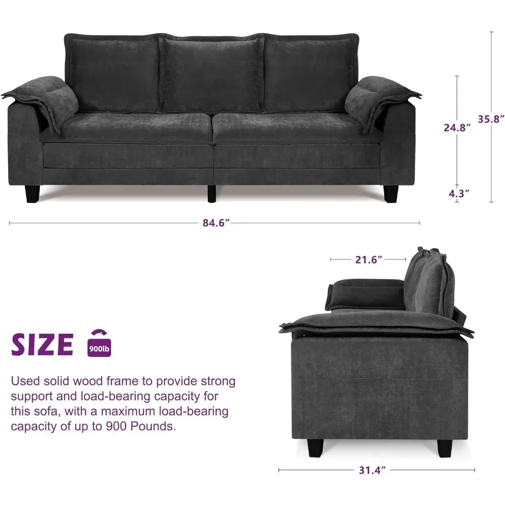 Living Room Sofa with Extra Deep Seats, Comfy Chenille Couches with USB Charging Ports, Tufted Upholstered 3 Seater Sofa