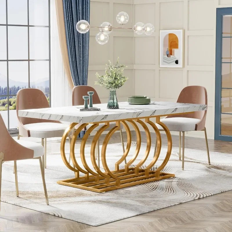 Mesa de comedor moderna, mesa de cocina de madera de imitación de mármol de 63 pulgadas para 6 personas, mesa de comedor rectangular con marco geométrico