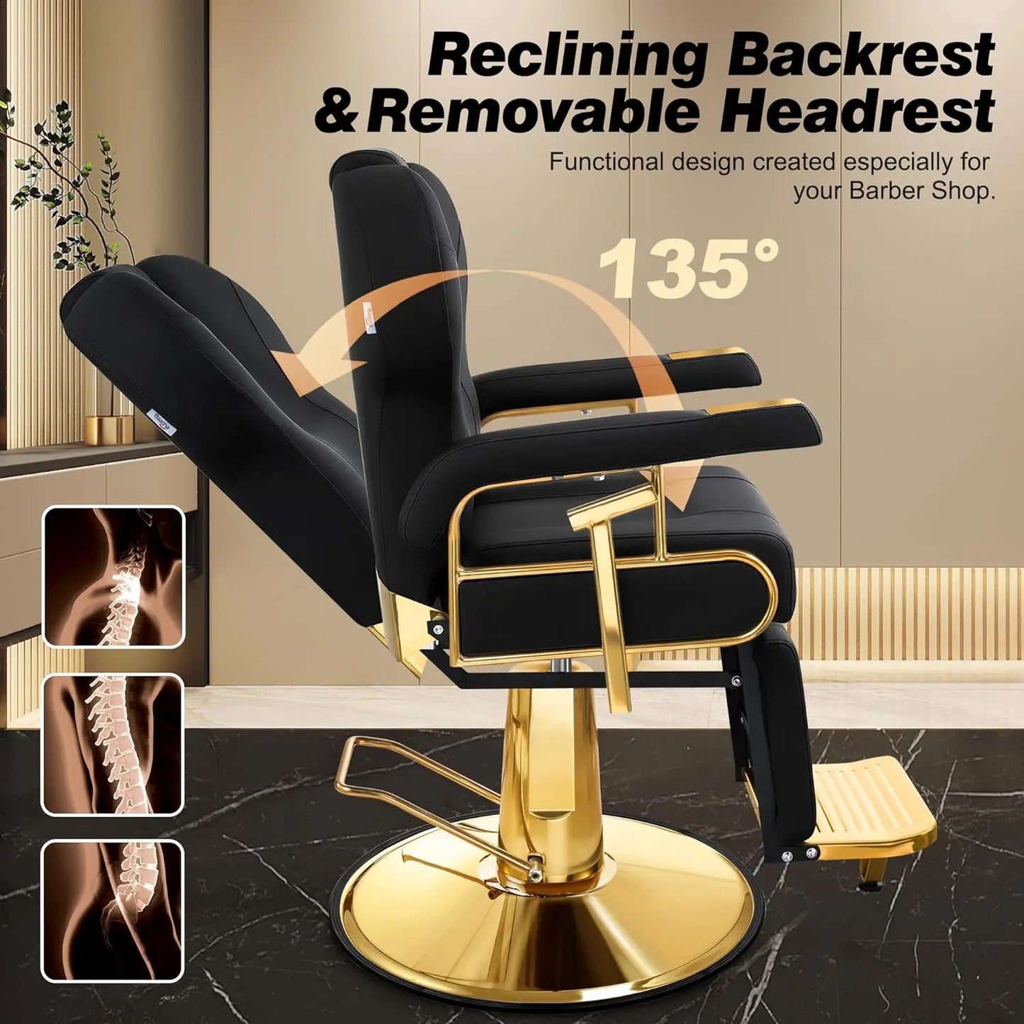 Professional Reclining Salon Chair with Adjustable Backrest, Elegant Black Gold Barber Chair with Heavy Duty Steel Frame