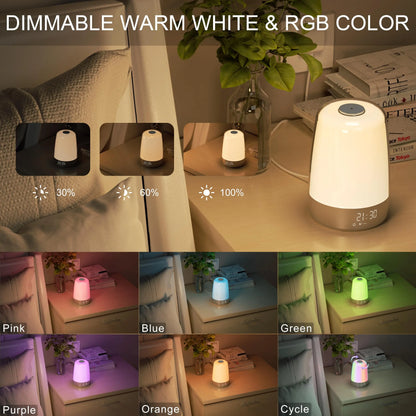 Réveil avec réveil et veilleuse LED avec simulation du lever du soleil, lampe de chevet tactile à intensité variable, 6 couleurs RVB pour chambre à coucher