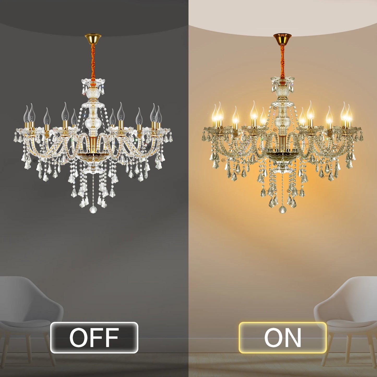 Elegant Glass Crystal Chandelier Ceiling Pendant Lighting Decor 10-Light Golden Hanging Lamp For Living Room Bedroom Room Lobby