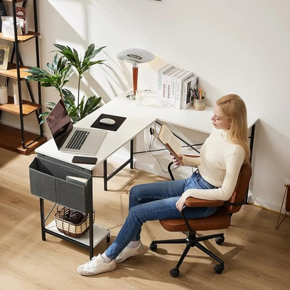 Bureau d'ordinateur en forme de L, table de jeu d'angle en bois avec sac de rangement latéral pour la maison, le bureau, les petits espaces, blanc