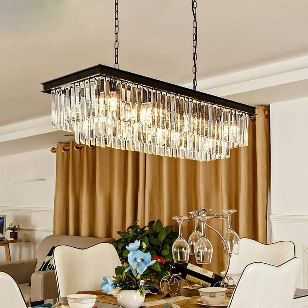 Modern K9 Crystal Chandelier Pendant Light Fixture Rectangular Lustras Ceiling Lamp for Dining Room Kitchen Home Lighting