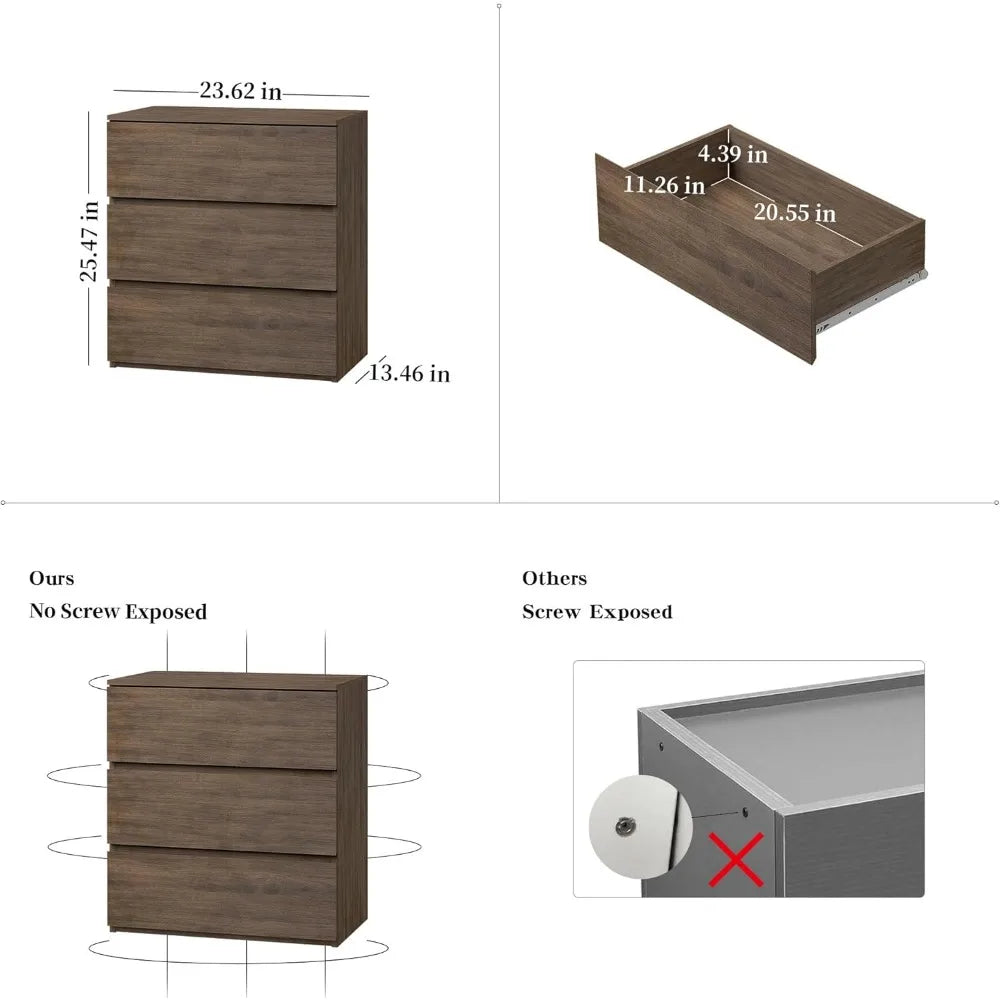 3 Drawer Dresser, Wood Chest Drawers with Storage for Closet, Bedroom Living Room and Hallway Drawers Dresser Bedside Nightstand