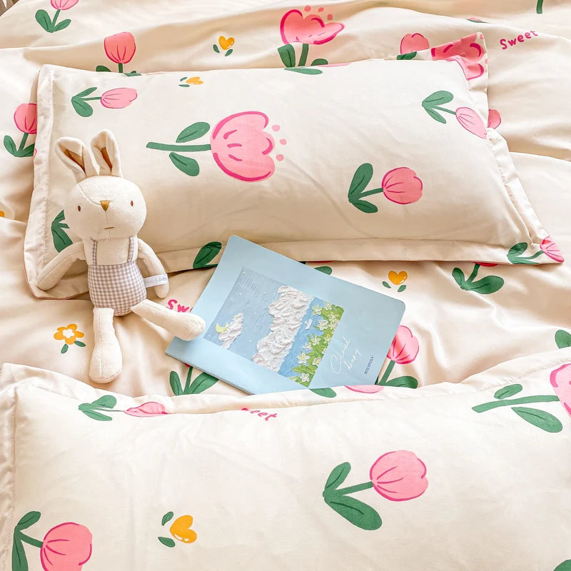 Ins Style Bedding Set Floral Hot Sale Single Full Queen Size Duvet Cover Kit No Filling Flat Sheet Pillowcases Cute Bed Linen