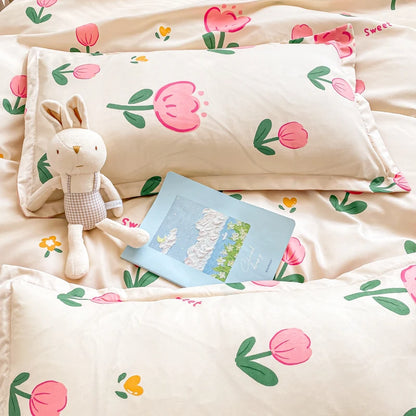 Ins Style Bedding Set Floral Hot Sale Single Full Queen Size Duvet Cover Kit No Filling Flat Sheet Pillowcases Cute Bed Linen