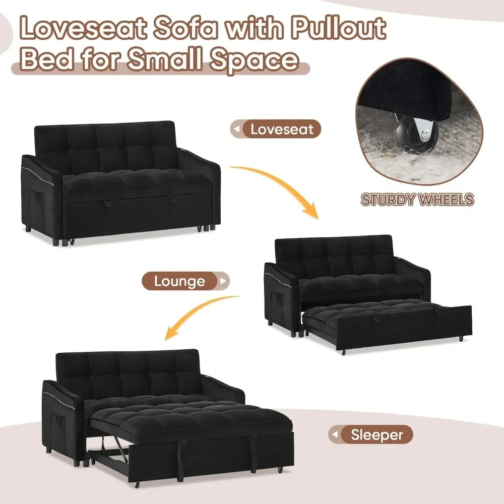 3 in 1 Sleeper Sofa Couch Bed with USB & Type C Port, 52" Small Modern Convertible Tufted Velvet Loveseat Sofa w/Pull Out Bed