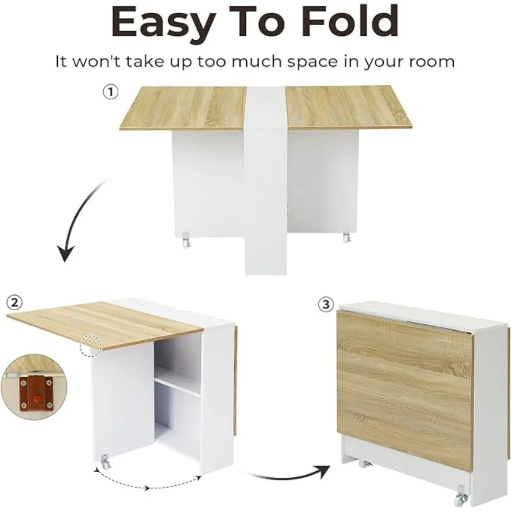 Table à manger pliante avec 6 roulettes, table à manger à abattants avec étagères de rangement, table de cuisine pliante pour petits appartements