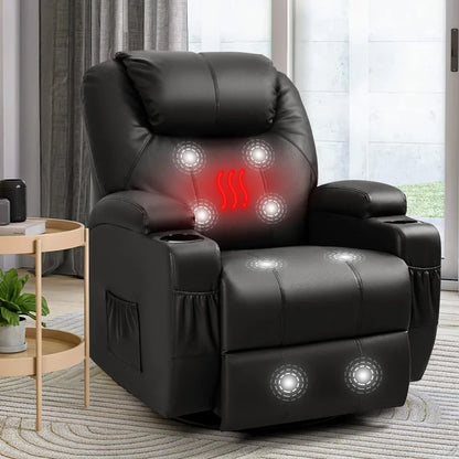 Fauteuil à bascule inclinable avec massage et chaleur pour personnes âgées, canapé à bascule pivotant à 360 ° en cuir réglable pour le salon