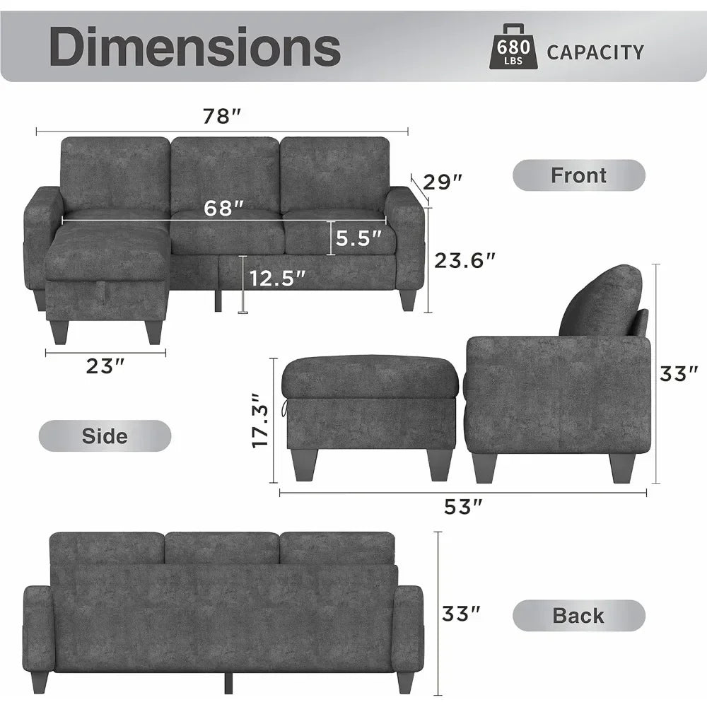 Sofá convertible seccional en forma de L, tela con copos de nieve en color gris, sofá de 3 plazas con otomana para sala de estar, apartamento