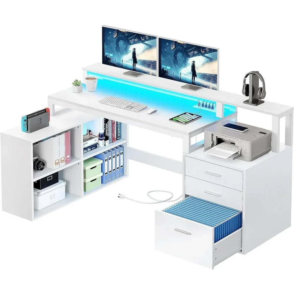 Bureau en L avec prises de courant, lumières LED, classeur, bureau d'ordinateur de 65 po, bureau d'angle avec 3 tiroirs et 4 étagères, blanc