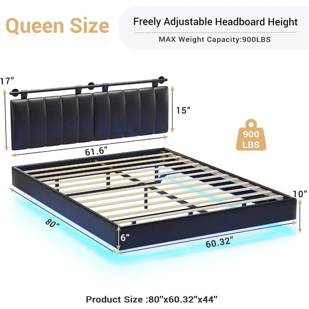 Queen Floating Bed Frame, w/ LED Lights and Wall Mounted Headboard Platform Bed Frame, Queen Size Upholstered Platform Bed Frame