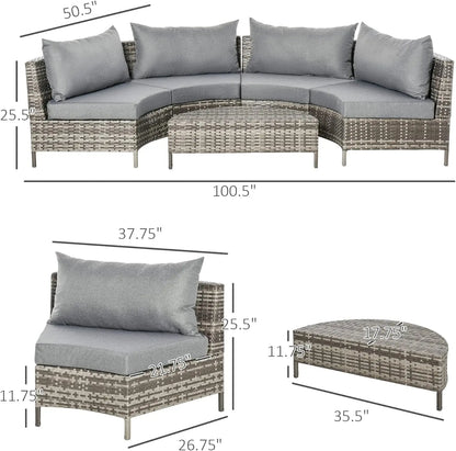 5-Piece Half-Moon Outdoor Sectional Sofa, PE Rattan Wicker Furniture with Patio Couch, Table & Cushions, Gray