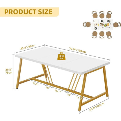 Grande table à manger moderne de 70,3 pouces pour 6 à 8 personnes Table de cuisine rectangulaire avec plateau en faux marbre et pieds en métal géométrique doré