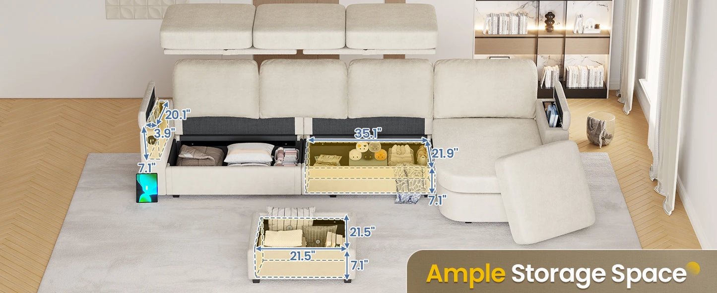 120"UShaped Couch, Sectional Sofa Couch with Storage Seat, Chenille Convertible Sofa with Reversible Chaises, Sectional Couches