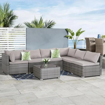 7 Pieces Patio Furniture Set, Modular Patio Set Wicker Outdoor Sectional Sofa Set PE Rattan Wicker Patio Conversation Set