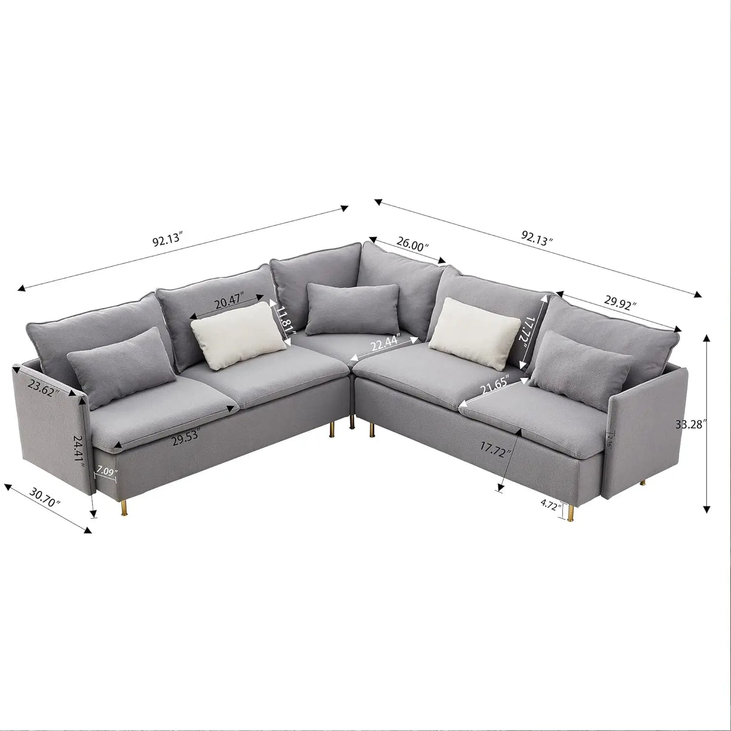 Canapé sectionnel modulaire 92 × 92 po, canapé d'angle en tissu Boucle Teddy, canapé sectionnel en forme de L, canapé 5 places avec pieds en métal doré