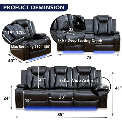 Fauteuil inclinable, ensemble de canapés inclinables en cuir électrique pour meubles de salon, canapé inclinable électrique en cuir végétalien noir, causeuse 2 pièces