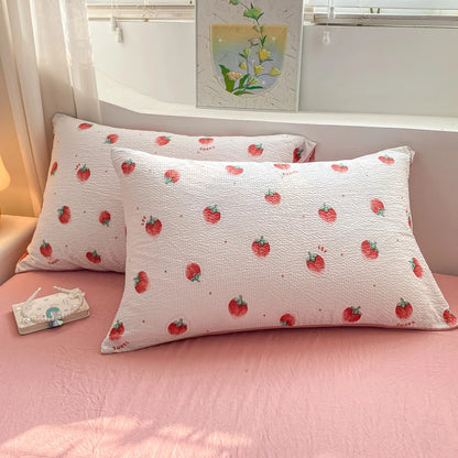 Juego de funda de edredón con diseño de fresas, sin relleno, sábanas planas y fundas de almohada, ropa de cama de verano suave para niñas y niños de tamaño doble coreano