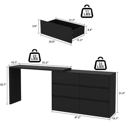 Coiffeuse 2 en 1, table de toilette de 51 po avec bureau en L et commode double, avec 6 tiroirs pour chambre à coucher, bureau à domicile, coiffeuse noire