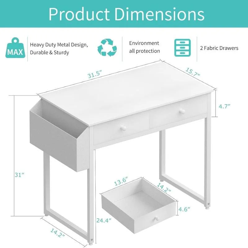 Small White Desk with Drawers - for Bedroom, 32 Inch Home Office Computer Desk with Fabric Storage Drawer and Bag, Study Writin